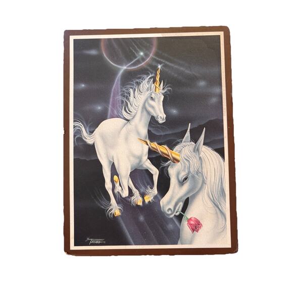 2 Vintage Mythical Unicorn Wall Art Decor By Gina FERRARO Print On Wood - Picture 2 of 7